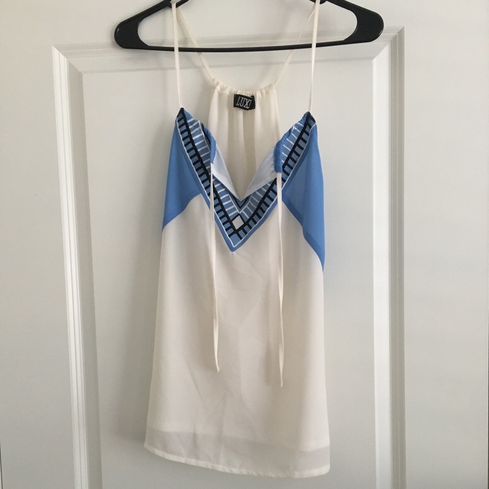 White Top with Blue and Black Accent